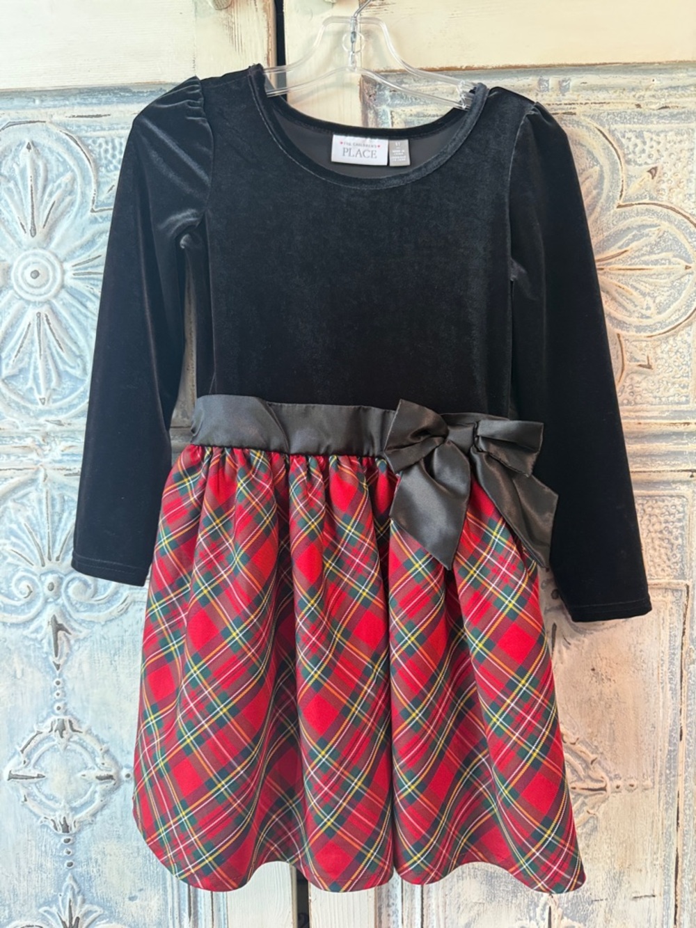The Children's Place Black Velvet Top with Red Plaid Skirt Dress